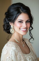 Create an enchanting and captivating shot of the bride with her hair styled in elegant curls, wearing beautiful makeup and smiling at camera.