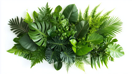 Close Up of Fresh Dark Green Tropical Leaves Bouquets in a Botanical Frame on White Background for Design and Copy Space






