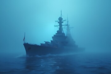 Mysterious Warship Emerging from Foggy Waters