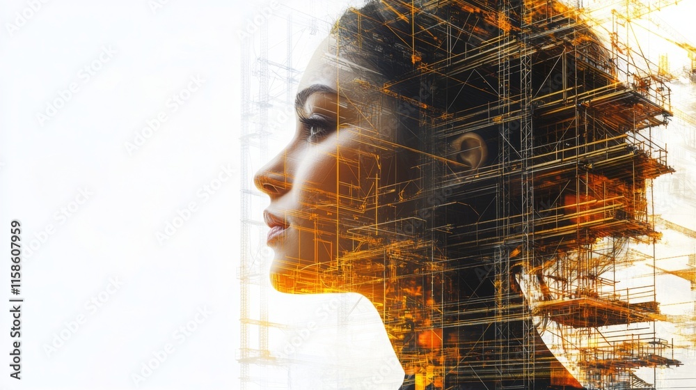 Aufkleber a creative representation showcases a woman's profile merged with a construction framework.