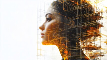 A creative representation showcases a woman's profile merged with a construction framework.