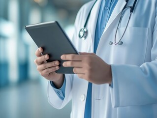 Doctor using a tablet in a modern hospital corridor, representing the integration of digital tools in patient care and efficient healthcare solutions