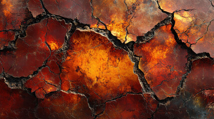 A rugged abstract texture of fractured stone with jagged edges, colored in fiery tones of crimson, amber