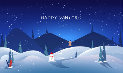 Naklejka premium Winter Mountains in snowy weather. Happy Winters and happy holiday vector background illustration.