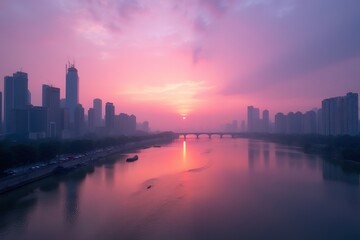 Fototapeta premium Serene Sunset Over Urban Skyline and River