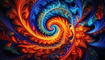 Stunning 4K fractal design featuring spirals and intricate patterns in electric blue, vibrant neon hues, and mesmerizing abstract geometry