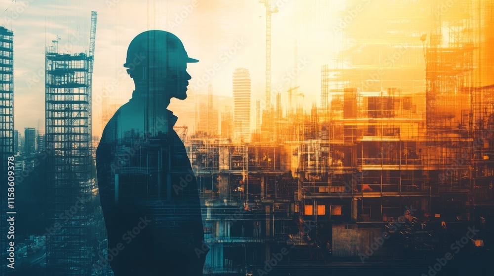 Poster a construction professional stands silhouetted against a vibrant sunset, observing ongoing urban dev