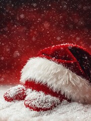 Festive Christmas Scene Featuring a Plush Santa Hat and Mittens Surrounded by Snowflakes Against a Warm Red Background