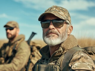 Fototapeta premium Two older men dressed in camouflage gear enjoy an outdoor adventure. They appear calm and focused, with one gazing into the distance under a clear blue sky.