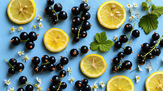 Flat lay of blackcurrants and lemon slices with white flowers on a blue background.  Food photography, healthy eating, summer vibes.