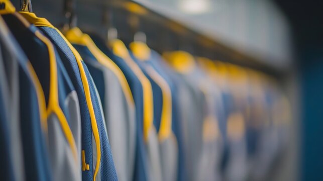 Empty locker room displaying team jerseys on hooks, symbolizing the absence of players yet evoking the spirit of camaraderie and shared achievements.