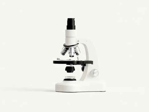 A sleek white microscope with metallic accents, elegantly isolated against a clean white background, showcasing modern design and functionality.