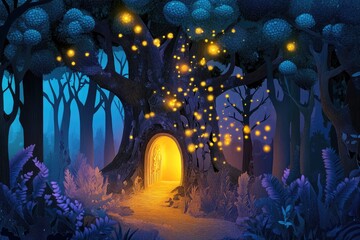 Obraz premium A glowing enchanted forest in paper - cut style, with towering trees, fireflies, and a hidden doorway in a tree trunk