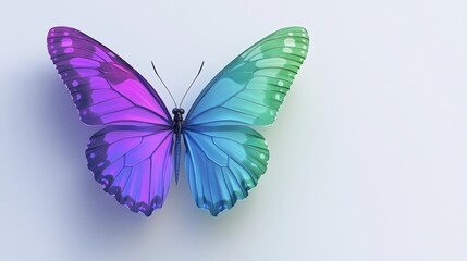 Obraz premium Vibrant Iridescent Butterfly Wings Displaying a Stunning Spectrum of Teal Purple Hues Against a White Background
