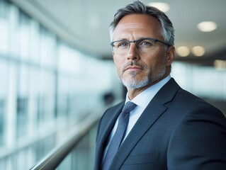 Naklejka premium A confident, mature business man stands in a modern office environment. He wears glasses and a suit, exuding professionalism and assurance.