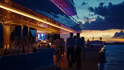 yacht party at the sea during the night. Yacht with bright light and party vibe with people enjoying