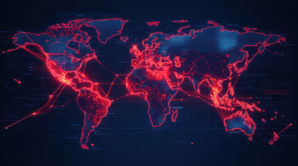 Digital world map with glowing red connections and data points