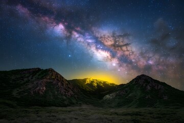 Night landscape with colorful Milky Way and yellow light on mountains.