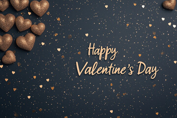 Fototapeta premium Happy Valentine's Day with golden hearts on a dark background. Beautiful greeting card design.