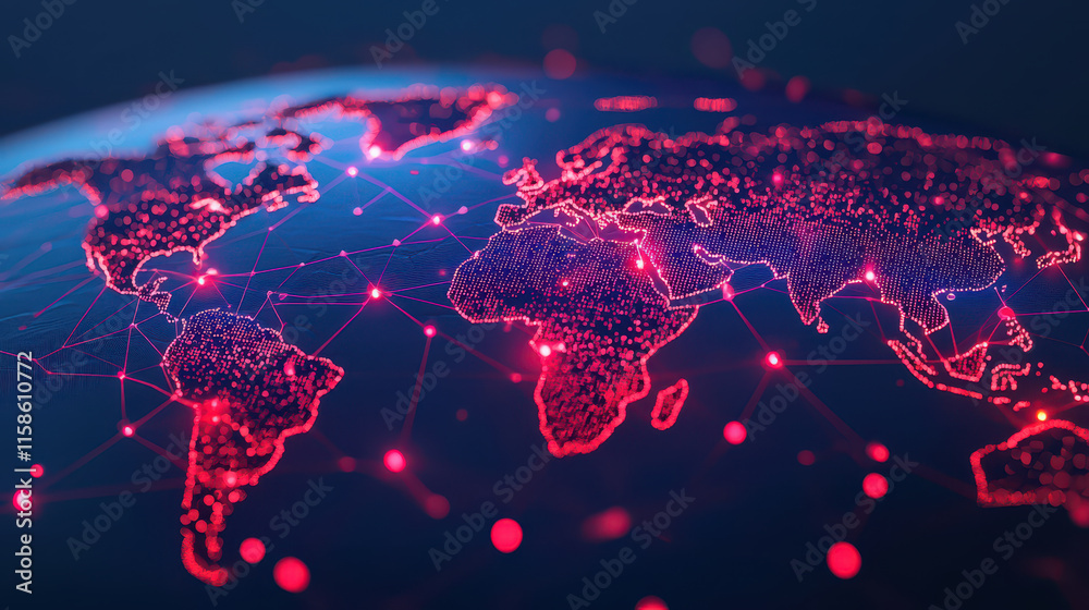 Poster digital world map with glowing connections and network nodes