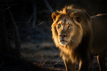 Portrait of a Beautiful lion, lion in the dark