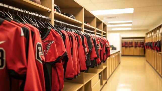 Empty locker room displaying team jerseys on hooks, symbolizing the absence of players yet evoking the spirit of camaraderie and shared achievements.