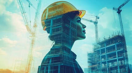 A woman wearing a hard hat stands confidently against a backdrop of construction cranes and buildings. Her silhouette overlays a blueprint indicating the integration of AI in real estate projects.