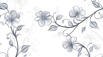 A sophisticated minimalist floral design in seamless vector format, featuring intricate details of petals and vines over a pure white backdrop. 