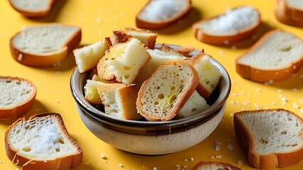 Delicious crispy bread croutons seasoned with salt in a rustic bowl.  Perfect for soups, salads, or snacks.