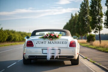 Elegant wedding car decorated with a "Just Married" sign