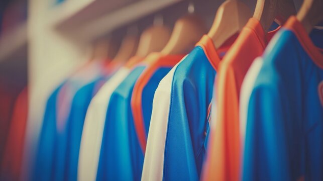 Empty locker room displaying team jerseys on hooks, symbolizing the absence of players yet evoking the spirit of camaraderie and shared achievements.