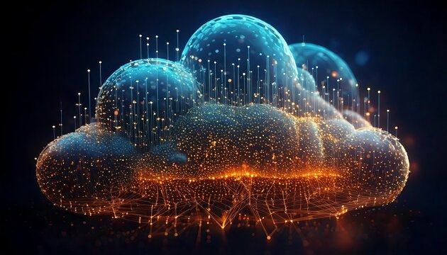 Abstract cloud computing visualization with glowing data points, 3D futuristic design, digital network connections, and modern technology concept
