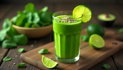 A glass of kale, spinach, and avocado smoothie, garnished with chia seeds and a slice of lime, surrounded by raw ingredients on a wooden table. Stock photography 32K, UHD, Ultra HD quality, high quali
