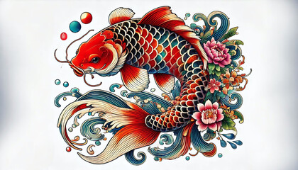 Traditional Japanese-style koi fish illustration with vibrant colors, detailed scales, and flowing fin. Generative AI.