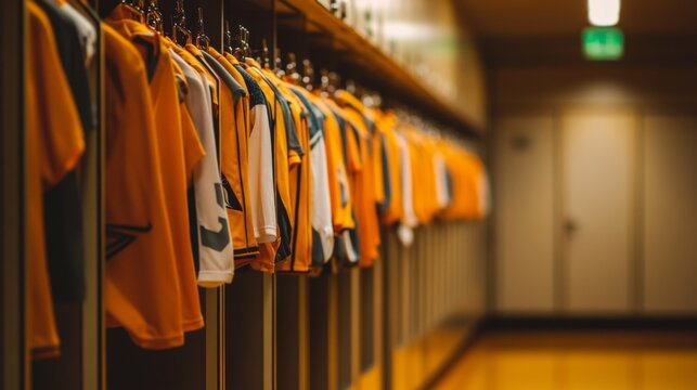 Empty locker room displaying team jerseys on hooks, symbolizing the absence of players yet evoking the spirit of camaraderie and shared achievements.