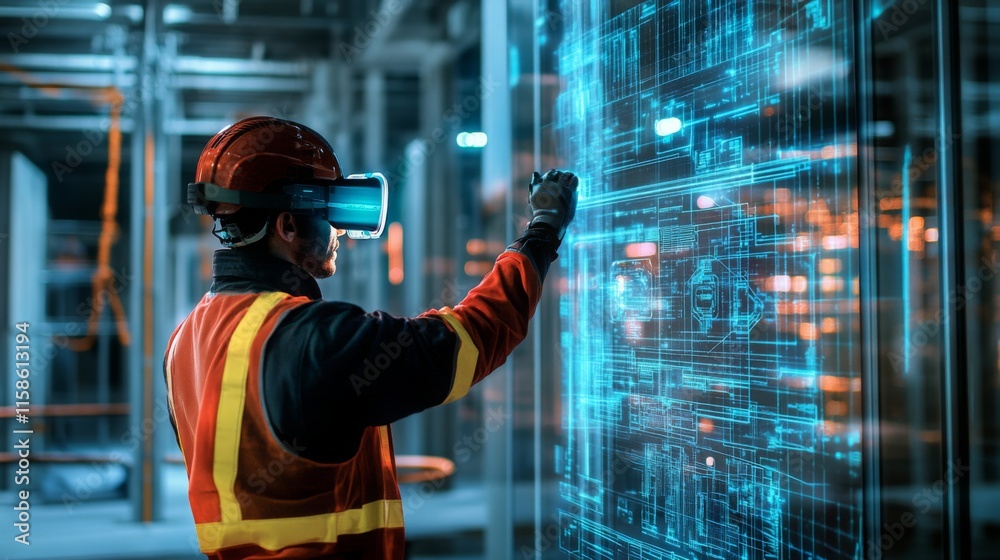 Leinwandbilder Workers in hard hats and safety gear are using virtual reality technology to visualize building plans in a real estate development site.