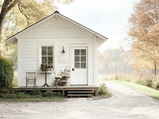 A cozy white tiny home amidst autumn foliage, featuring a rustic chair and potted plants on a porch. The scene is serene and inviting.