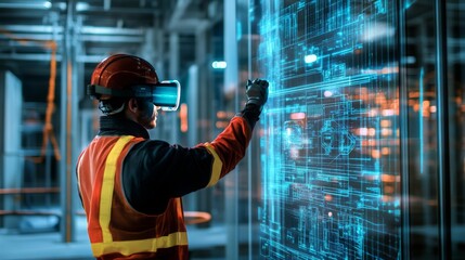 Workers in hard hats and safety gear are using virtual reality technology to visualize building plans in a real estate development site.
