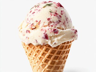 An ice cream scoop with red berry chunks sits atop a waffle cone. The background is transparent, highlighting the creamy texture and detail of the dessert.
