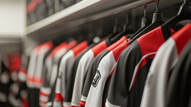 Empty locker room displaying team jerseys on hooks, symbolizing the absence of players yet evoking the spirit of camaraderie and shared achievements.