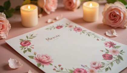 Elegant menu card with roses and candles on pink background