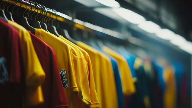 Empty locker room displaying team jerseys on hooks, symbolizing the absence of players yet evoking the spirit of camaraderie and shared achievements.