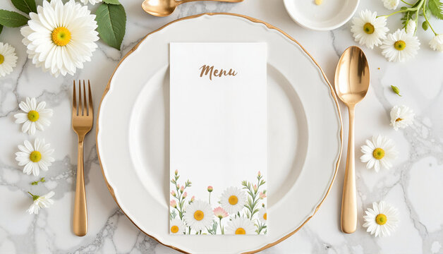 Elegant menu design with floral accents on marble table