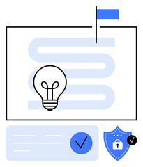 Light bulb over winding path ending at flag, shield with lock, checkmark highlighting validation. Ideal for innovation, goals, security, project planning, achievement progress idea formation. Line