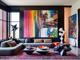 An artistic living room with a bold, creative design, blending modern and eclectic elements. 
