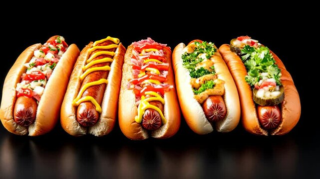 Row of hot dogs with different toppings. The hot dogs are all different sizes and are arranged in a row