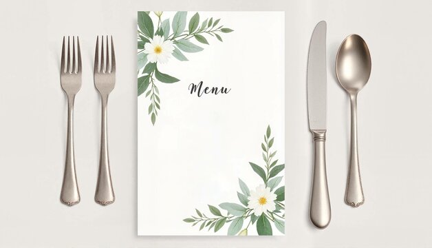 Elegant menu design with floral accents on a neutral background
