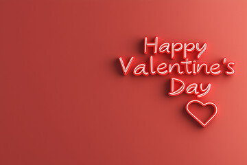 Happy Valentine's Day written in neon red font on a solid background, with a heart shape below. Copy space on the left side.