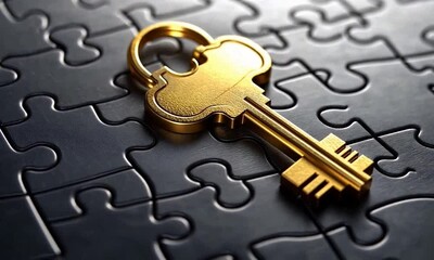 Golden key on a solved puzzle, key to success concept