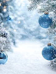 Frosted Christmas Tree with Blue Ornaments and Snowflakes Creating a Magical Holiday Atmosphere for Festive Celebrations